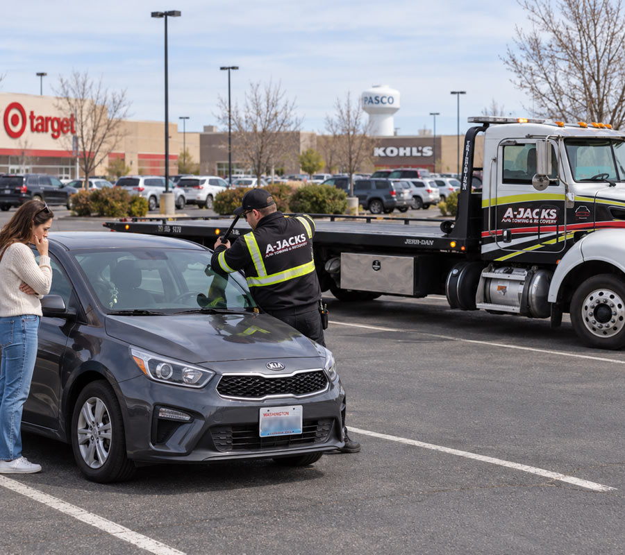 A Jacks Tow Truck Operator unlocking a car in a parking lot in Pasco