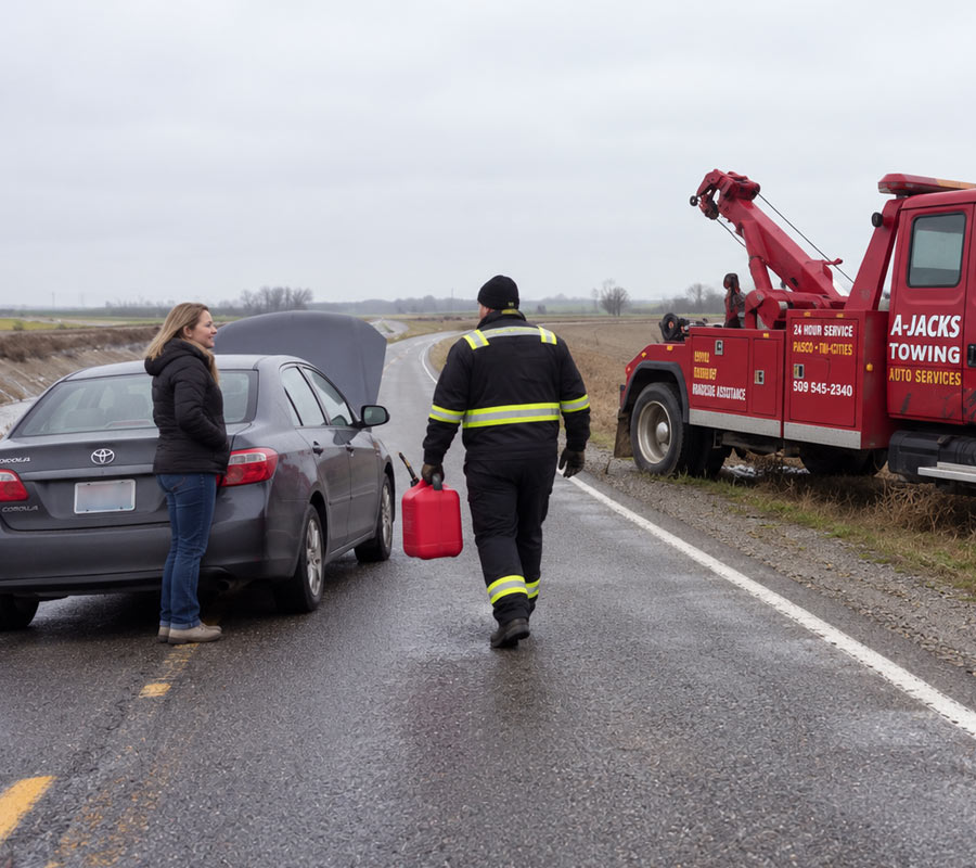 A-Jacks tow truck operator with a gas can providing out of gas delivery to a motorist
