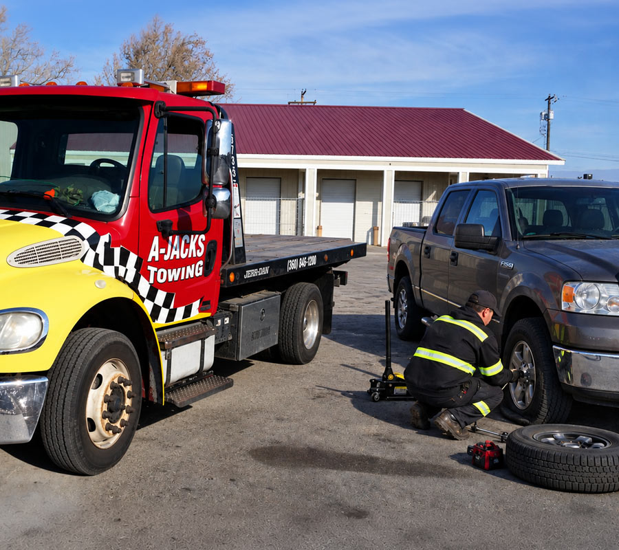 A-Jacks Tow Truck Operator providing a flat tire change service